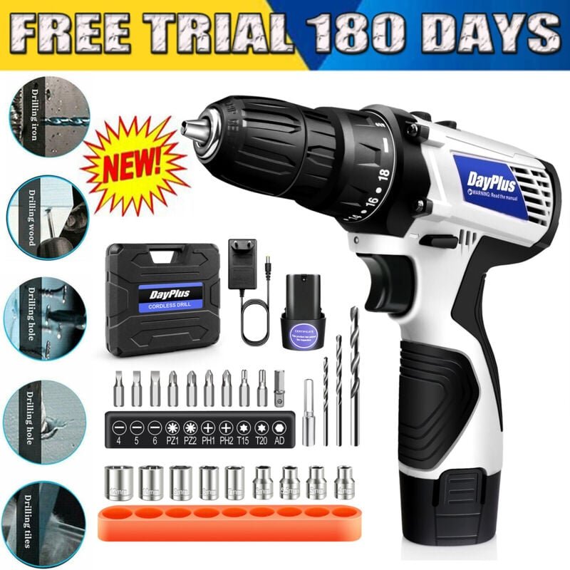 Dayplus - 45Nm Akkuschrauber Set Akku-Bohrschrauber Bohrmaschine Akkubohrer + Akkus