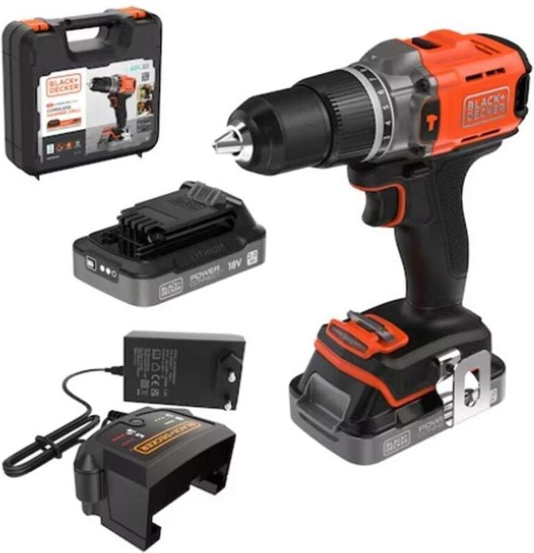 BLACK+DECKER Werkzeug - 18V Akku-Schlagbohrmaschine, 2x 2,0 Ah Li-Ion Akku, Ladegerät BCD383D2XK-QW
