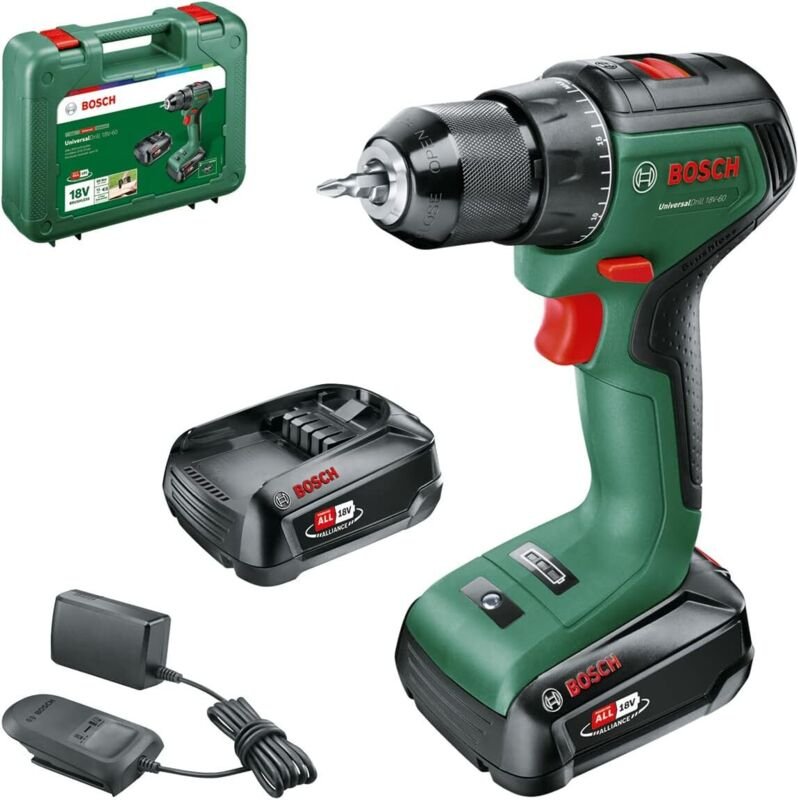 Universal Drill 18V-60 Bohrschrauber – Bosch mit 2 18V 2,0Ah Akkus – al 18V-20 – 06039D7002