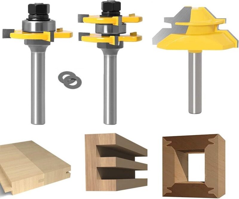45 Grad Lock Mitre Router Bit, APLUS Holzfräser, Nutfräser + 8 mm Schaft Zungenschaft und Nutfräse Set 3 Zähne in T-Form...