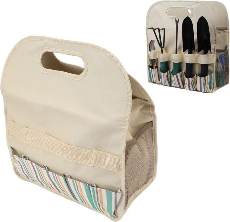 Gartenwerkzeugtasche aus 600D-Oxford-Stoff mit großem Fassungsvermögen (Beige mit farbigen Streifen)
