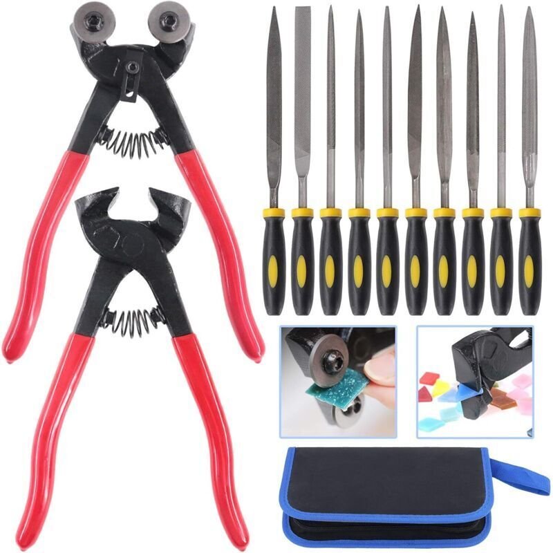 Set mit 12 Mosaikwerkzeugen, Glasmosaikzangen mit Rädern und Fliesenschneidern sowie 10 hochfesten, nadelgestanzten Feil...