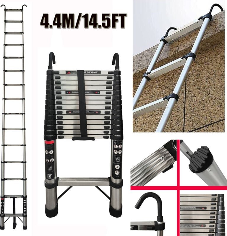 4,4m 14.5FT Teleskopleiter mit Abnehmbarem Haken Ausziehleiter Klappleiter EN131