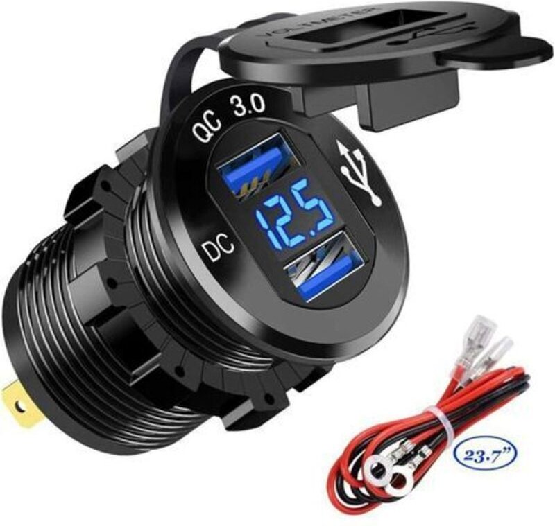 Schneller USB-Kfz-Ladeadapter mit zwei QC3.0-USB-Anschlüssen, 12 V/24 V, 36 W, wasserdicht, mit digitaler LED-Voltmetera...