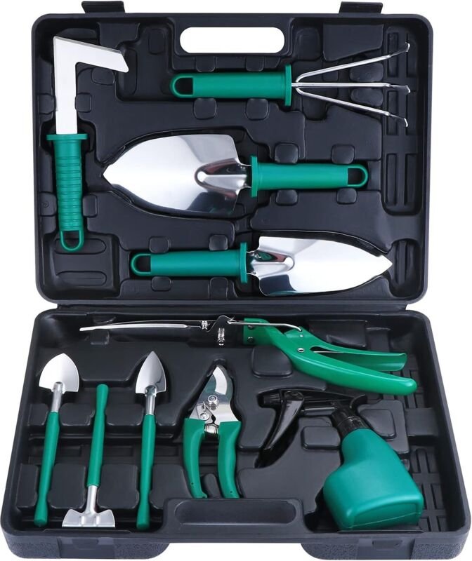 Gartengeräte-Set, 10-teilig, mit Tragetasche, Geschenk für Gartenliebhaber
