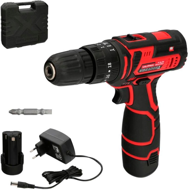 12 V-Schraubendreher. Mit 2 Geschwindigkeiten und Hammer. 1.300 mAh Akku. Anzugsdrehmoment 35 Nm.