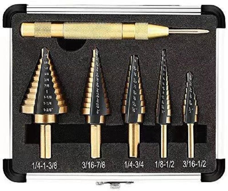 Stufenbohrer-Set, 5-teilig, 1 automatischer Körner + 1 Spiralbohrer, titanbeschichteter, doppelseitig geschlitzter Kegel...
