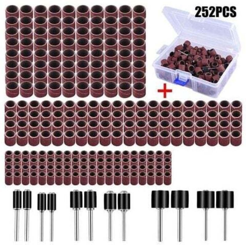 252 Schleifhülsen mit Gratis-Box, inklusive 240 Schleifbändern und 12 Schleifrollen mit rotierendem Werkzeug