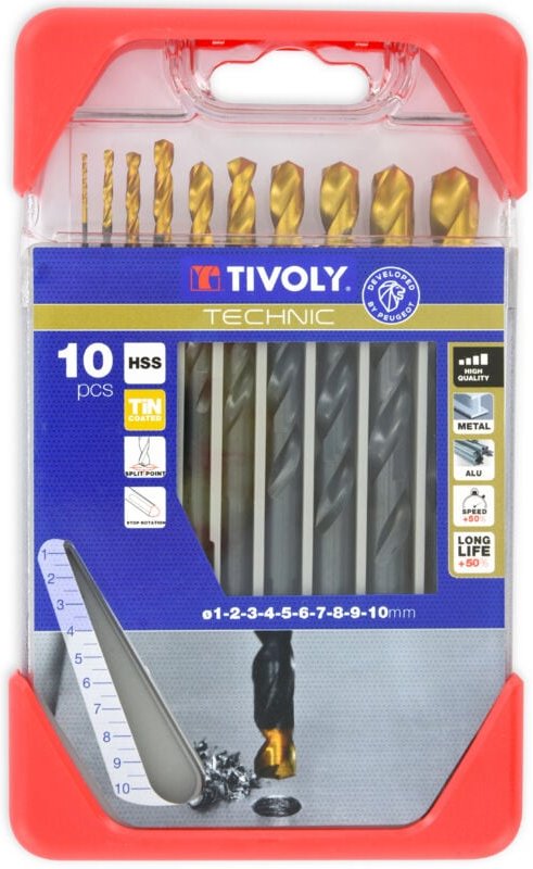Tivoly - Box mit 10 TiN-beschichteten hss STEAM-Metallbohrern, geschliffener Schnitt, Kreuzspitze, Schaft mit 3 Flächen,...