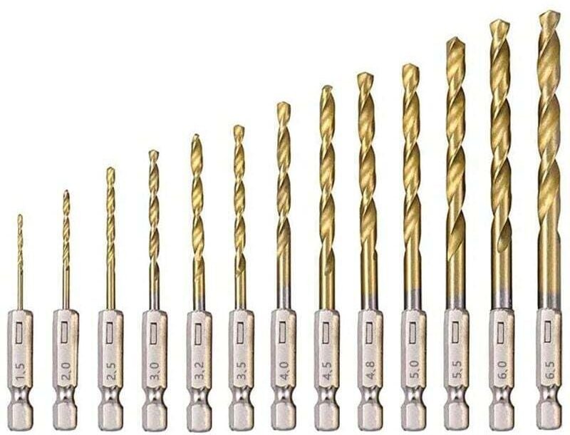 Titanbeschichtete Spiralbohrer aus Schnellarbeitsstahl – 13-teiliger Sechskantschaft – 1–5 mm – 6–5 mm – Bohren von Holz...
