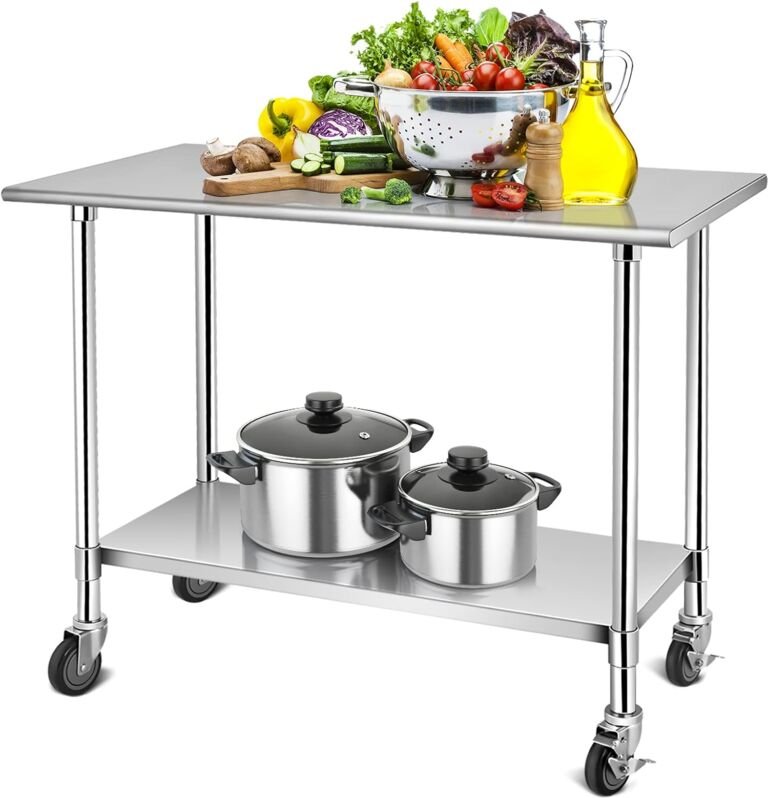 Arbeitstisch Edelstahl, Küchentisch Edelstahltisch mit Hoehenverstellbarer Ablage mit abschliessbaren Rollen, Ablagetisc...