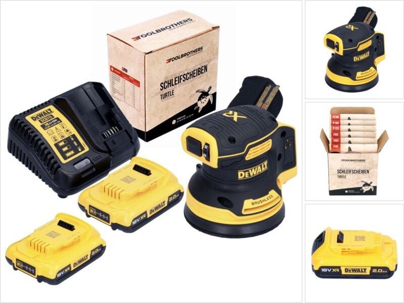 Toolbrothers TURTLE Schleifscheiben Set + DCW 210 D2 Akku Exzenterschleifer 18 V 125 mm Brushless + 2x Akku 2,0 Ah + Lad...