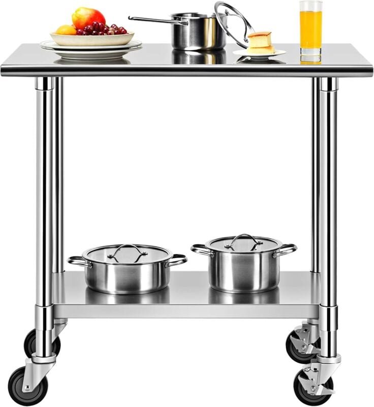 Edelstahl Arbeitstisch, Werkbank mit 4 360° Drehbaren Rollen, Servierwagen, Kuechenwagen mit Verstellbarer Ablage, Belas...