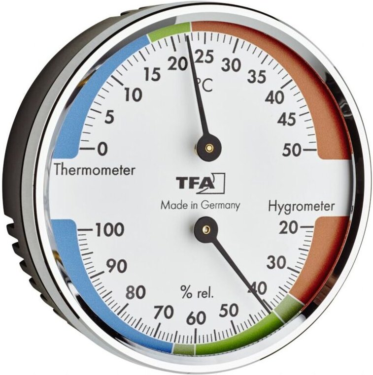 Analoges Thermo-Hygrometer mit Metallring, silber/weiß