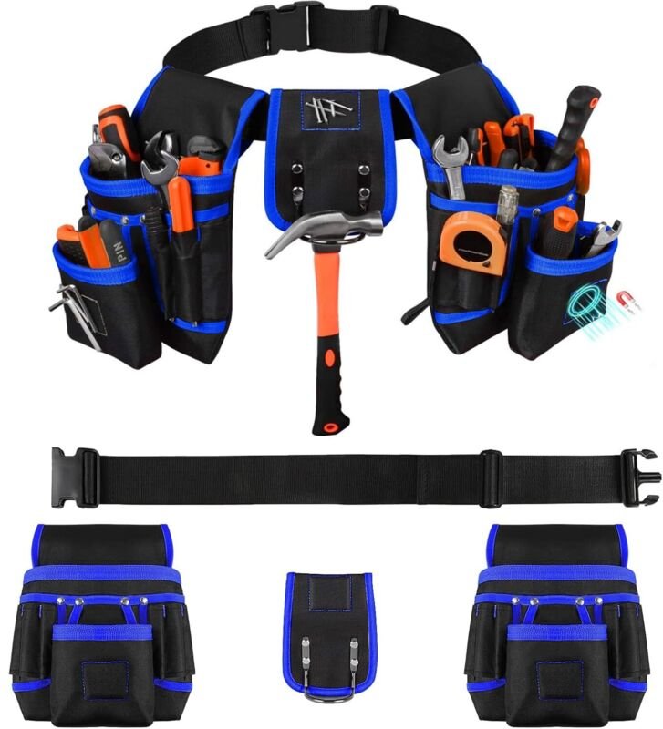 Ceinture porte-outils à 26 poches avec porte-marteau magnétique amovible et réglable, idéale pour perceuses, cloueuses, ...