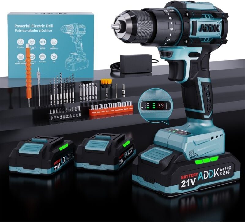 Bohrmaschine 350 W, 21 V, mit 24+3-Modus – 3 Drehzahlen – 0–1850 U/min – max. Drehmoment 65 Nm – LED – Schnellspannbohrf...