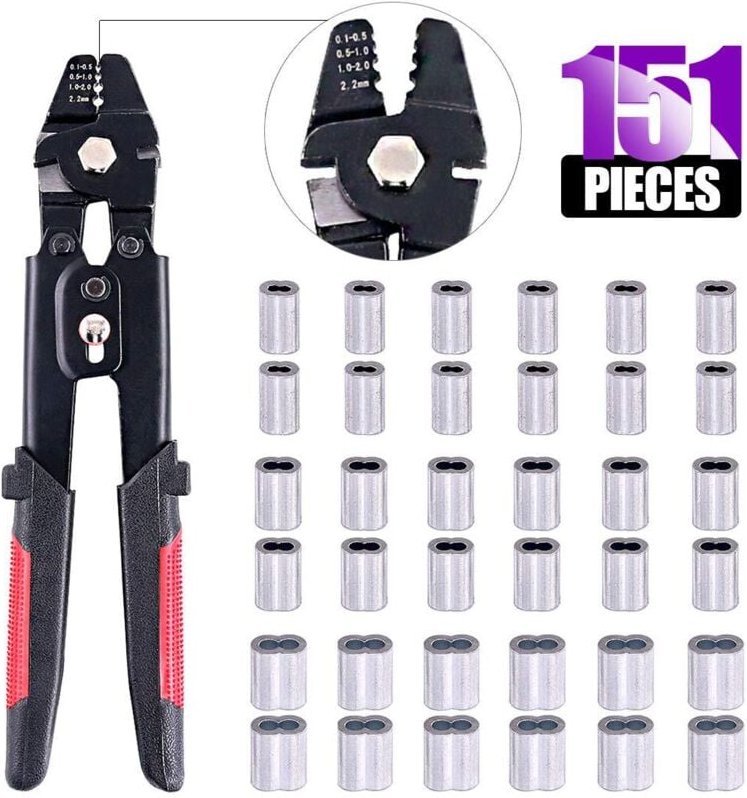 Standard-Drahtseil-Schneidwerkzeug, 1/4-Zoll-Crimpwerkzeug aus Kohlenstoffstahl mit 150 Stück Aluminium-Doppelhülsen
