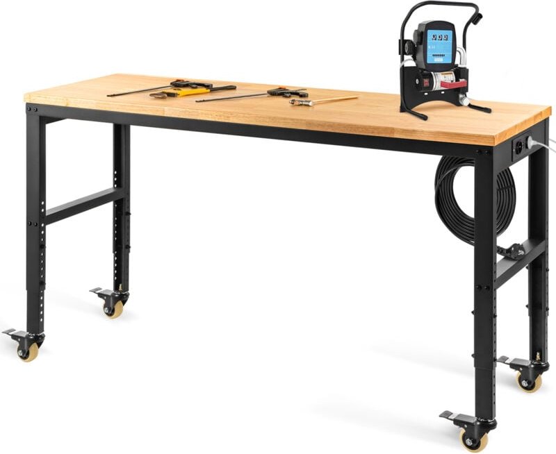Höhenverstellbare Werkbank, 122cm b x 61cm t x 104cm h, 720KG Kapazität Garagentisch mit Steckdosen, Hartholzplatte, Met...