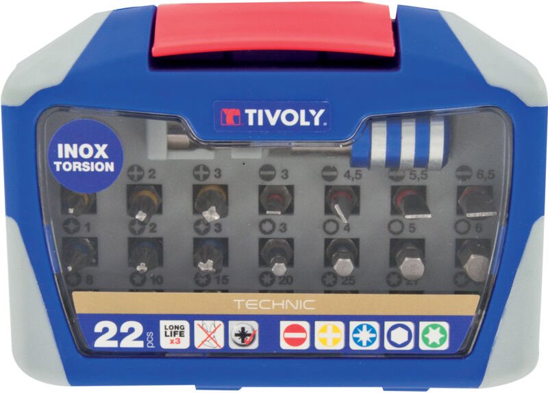 Tivoly • Box mit 22-teiligen Torsion-Schraubendreherbits aus Edelstahl • 21 Schraubendreherbits + 1 magnetischer Schnell...