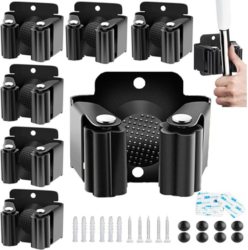 Wandmontierter Besenhalter, Mopphalter mit Haken, kein Bohren, wandmontierter Besenhaken, selbstklebender Besenhaken (6 ...
