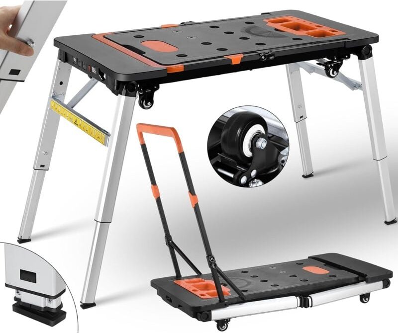 7in1 Mobile Werkbank Klappbar Höhenverstellbar,Werktisch Klappbar mit Winkelmarkierung,Arbeitstisch Werkstatt mit 4 Räde...