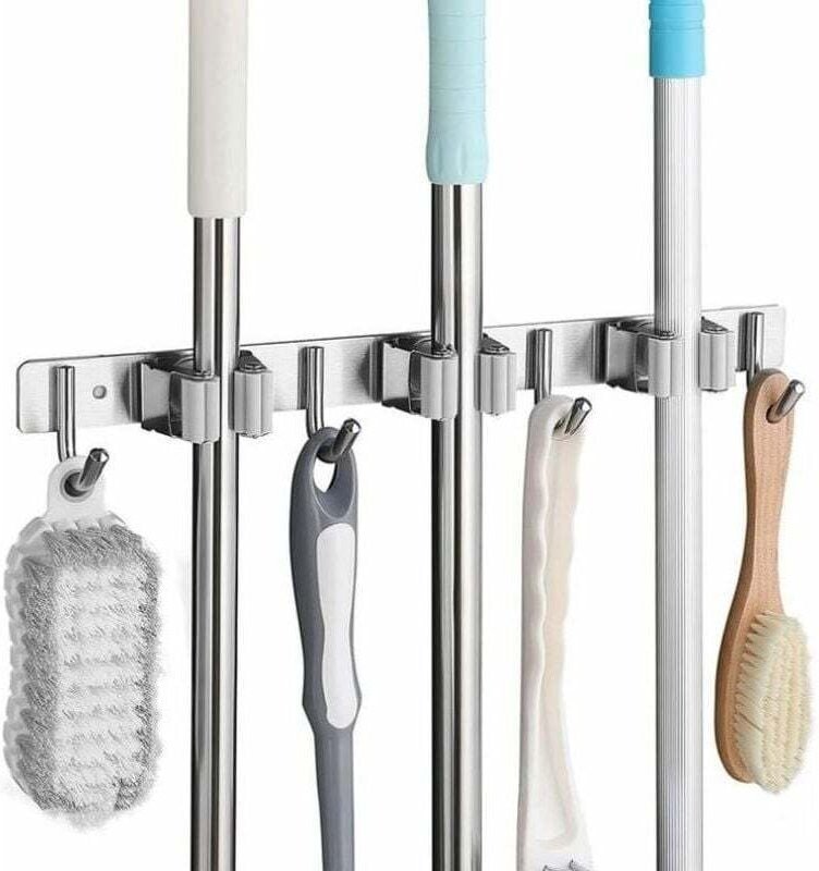 Wandmontierter Besenhalter aus Edelstahl, Besenhalterung mit 3 Schlitzen und 4 Haken für Küche, Bad, Garage und Garten, ...
