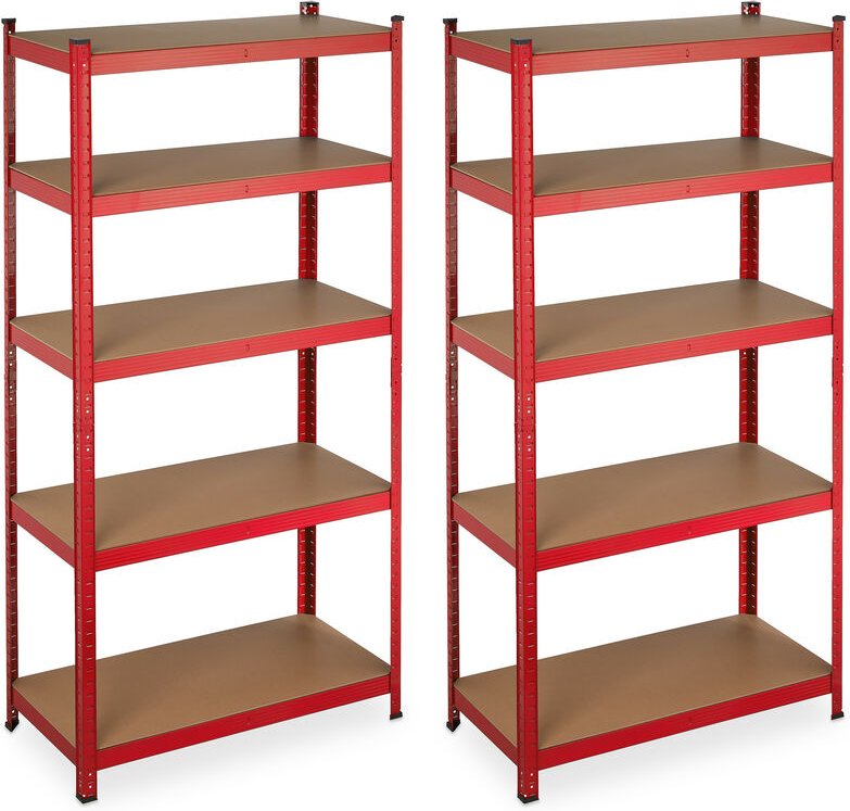 2 x Schwerlastregal zum Stecken, Traglast: 875 kg, 5 Ebenen, Keller & Garage, Stahl, H x B x T: 180 x 90 x 45 cm, rot