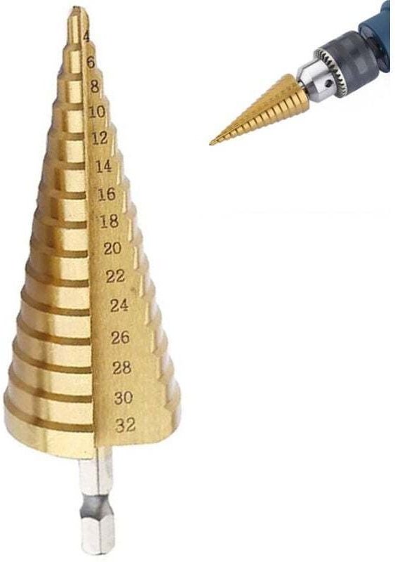 Stufenbohrer, HSS-Senkbohrer mit Titanbeschichtung, Sechskantschaft, Doppelschlitz-Design, 4 mm – 32 mm, zum Schraubenzi...