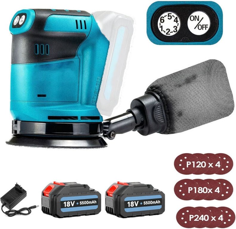 125-mm-Akku-Elektro-Exzenterschleifer, bürstenlos, 6 Geschwindigkeiten, schnell anzubringender Staubbeutel und 12 Scheib...