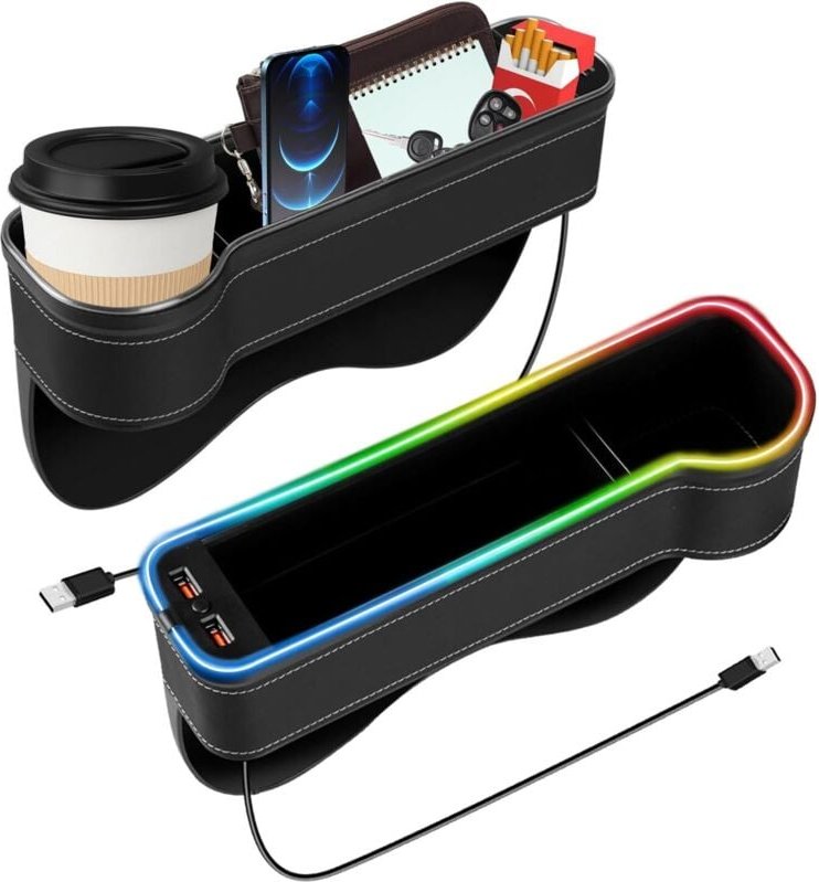 2-teiliger Auto-Organizer, Aufbewahrungsbox für die Lücke zwischen Autositzen, mit Getränkehalter, LED-Licht, Autoaufbew...