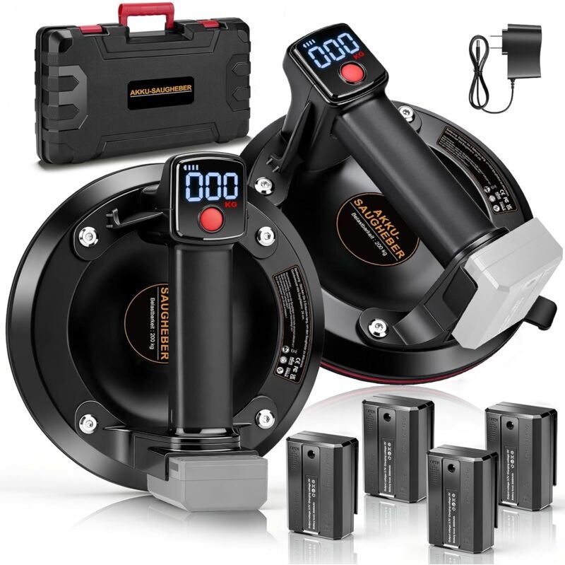 Akku Saugheber für Fliesen, 200mm Elektrischer Fliesenheber Saugheber mit 4x 3000mAh Akkus, LCD-Didplay, 200KG Saugkraft...