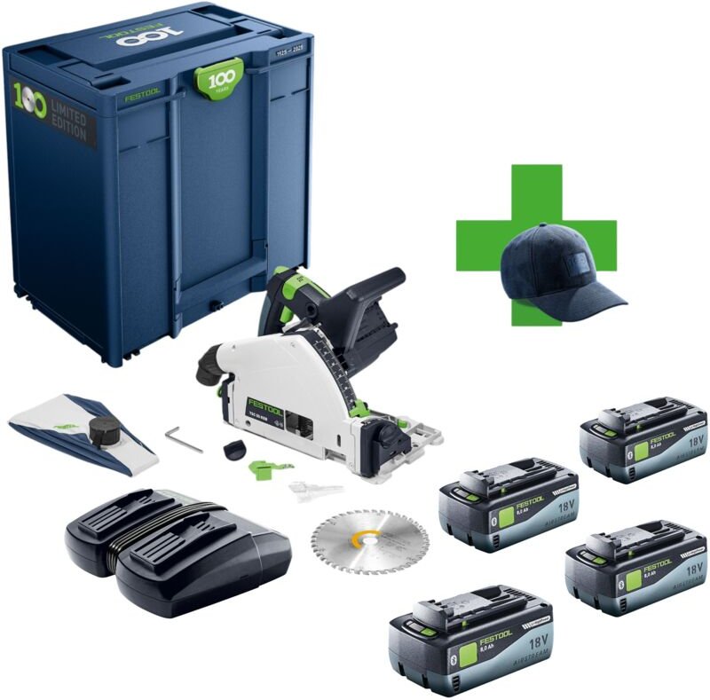 Festool TSC 55 KEB-Basic 100Y Limited Edition Akku Tauchsäge 18 / 36 V ( 2x 18 V ) 160 mm Brushless + 4x Akku 8,0 Ah + L...