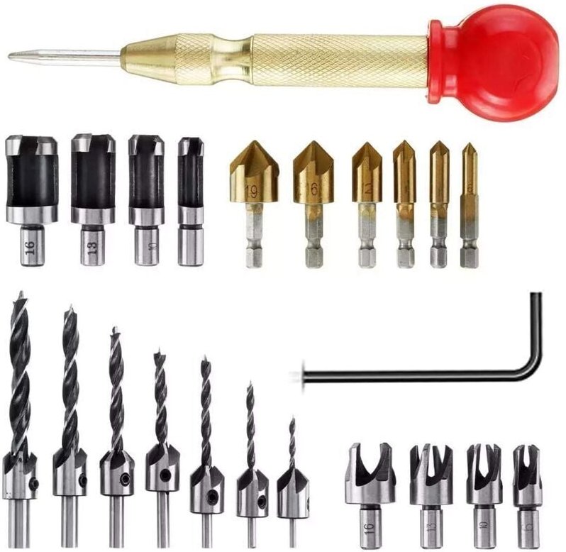 Bohr- und Anfaswerkzeugset, 23-teiliges Senkbohrerset, Holzkorkenzieher, Senkbohrer mit L-förmigem Innensechskantschlüss...