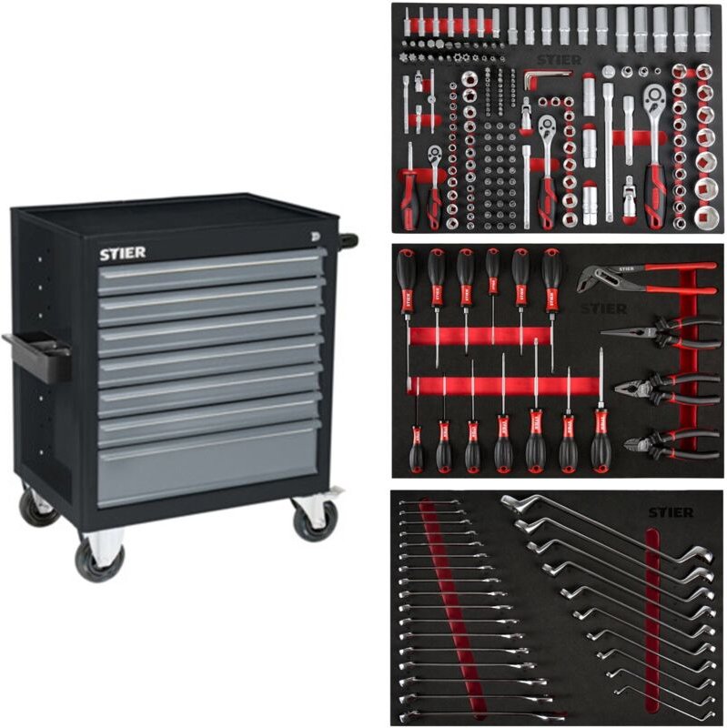 STIER Werkstattwagen Black, bestückt 223-teilig, Werkzeuge in Weichschaumeinlage (EVA), Tragkraft 300kg, 7 Schubladen