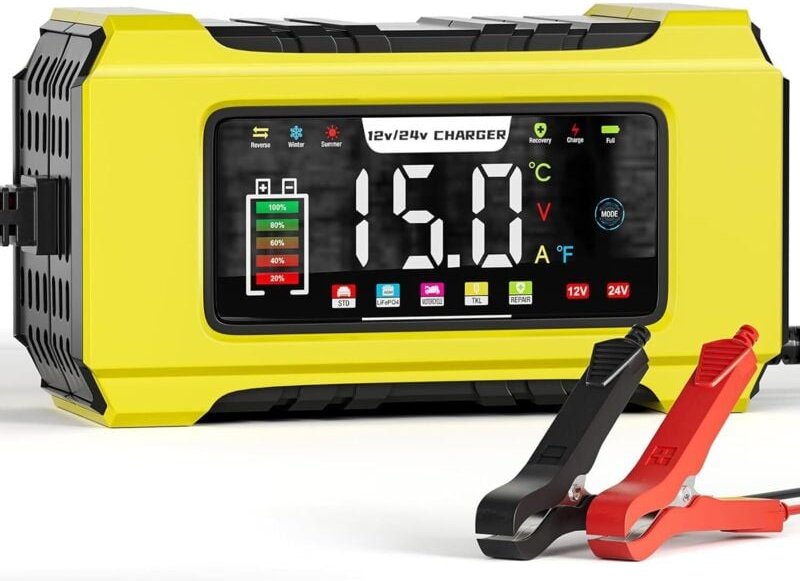 15A Autobatterieladegerät, 12V/24V, automatisches Smart-Ladegerät mit LCD-Display, Temperaturkompensation für Auto, AGM,...