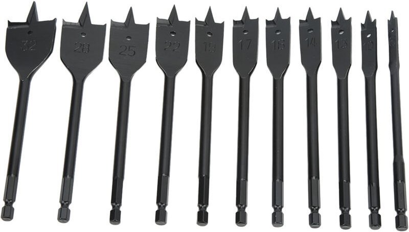 11-teiliges Set Flachbohrer mit Sechskantschaft, Kohlenstoffstahl, gehärteter Flachkopf für die Holzbearbeitung