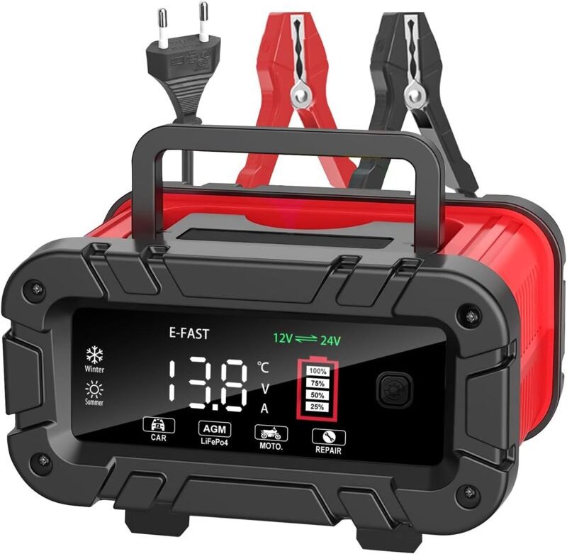 20A 12V/24V Smart-Autobatterieladegerät mit LCD-Bildschirm für Auto, Motorrad, LKW, LiFePO4, AGM, Gel, Nassbatterien