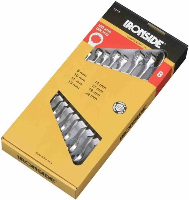 Ironside - Ring-Maulschlüssel-Set 8-teilig 8/10/11/13/14/17/19/22 Chrom-Vanadium-Stahl