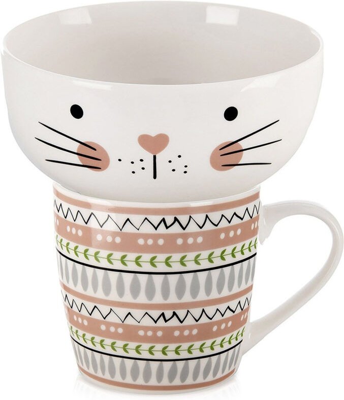 Thumbnail - Childrens mug with bowl porcelain cat 2 pcs