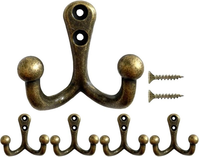 5 Stück Kleiderhaken Vintage Bronze, Garderobenhaken Doppelt Wandhaken Schwerlast mit Schrauben für Tür, Wand, Garderobe
