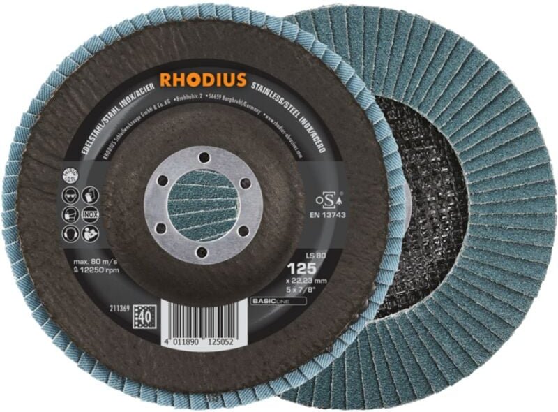 RHODIUS LS80, 10 Stück, 125 mm, Korn 40, Fächerschleifscheibe