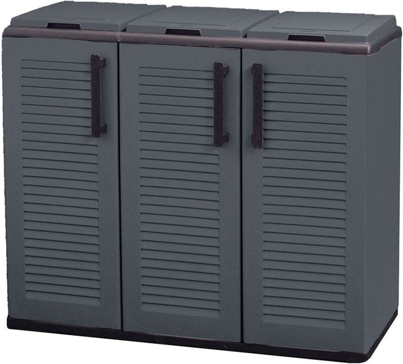 Niedrige Polypropylen-Schrank, Eco Easy Linie, 3-teiliger Mülltrennschrank mit Deckeln, Dunkelgrau, 102 x 37 x 84 cm