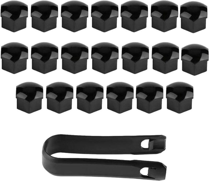 20 Radmutternkappen, 17 mm, staubdicht, mit sechseckigen, verchromten Schrauben, inklusive Demontagewerkzeug, schwarz