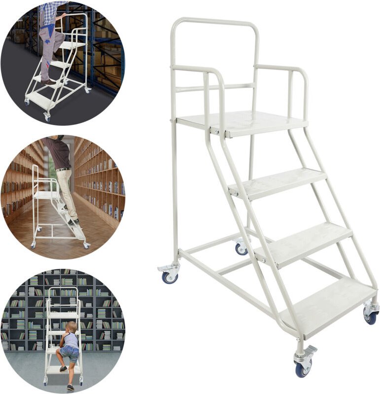 4-stufige Rolltreppe mit Rollen, 4-stufige Industrie- und Lagerleiter, rutschfeste Rollstufen mit Kantenschutz, leicht z...