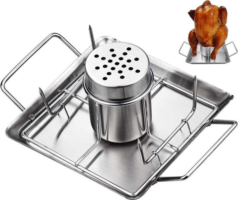 Biergrill, Hähnchengrill aus Edelstahl mit 4 Gemüseaufsätzen für Grill, Backofen oder Smoker (Set mit 3 Grillhähnchenpla...