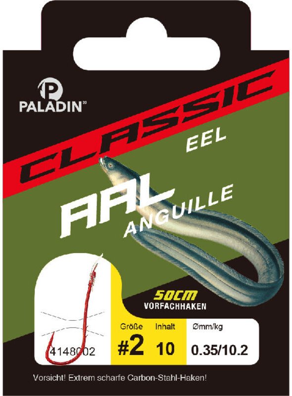 Paladin Aalhaken gebunden Größe 2 50 cm 10 Stück rot carbon stahl Angelhaken