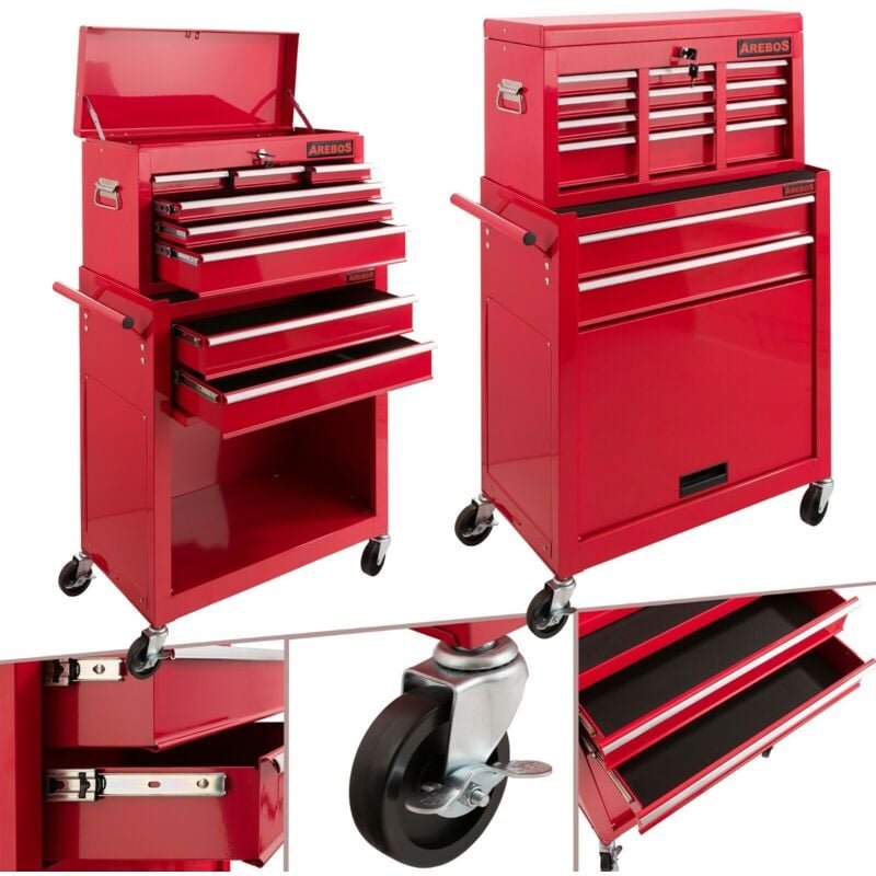 AREBOS Werkstattwagen 9 Fächer inkl. Antirutschmatten Kofferaufsatz mobil & herausnehmbar zentral abschließbar kugelgela...