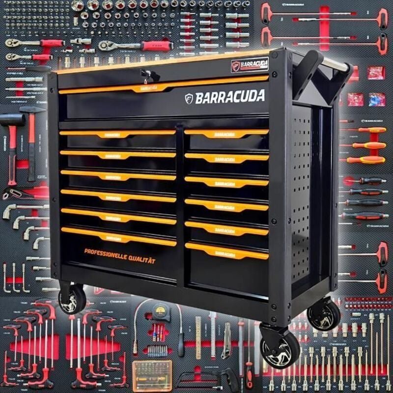 Werkstattwagen - BARRACUDA TOOLS - Élite Pro MAX XXXL+ - 13 Schubladen - Massives Metall - Schwarz und Orange