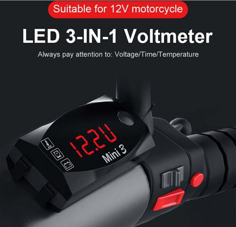 Vtizikl Compteur de moto 3 en 1, horloge numérique à LED, thermomètre, voltmètre, tension, moniteur de batterie étanche,...