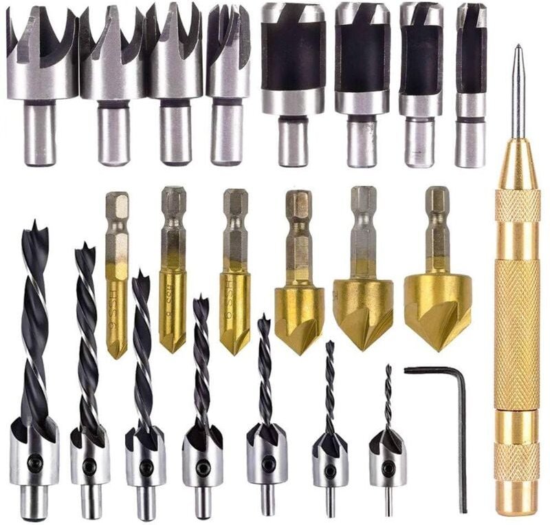 Tigrezy - 23-teiliges Senkbohrer-Set für die Holzbearbeitung, 6 Stück 1/4 Zoll 5-Nut 90-Grad-Sechskant-Senkbohrer, 7 Stü...